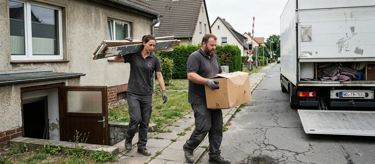 Zwei Kräfte tragen alte Regalbretter und Kisten aus einer offenen Kellertür zu einem Lastwagen mit heruntergelassener Ladebordwand