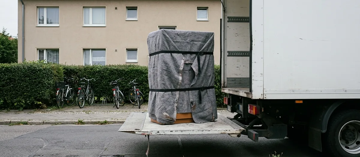Eine in Decken eingeschlagene Kommode steht allein und verzurrt auf der Ladebordwand eines Lastwagens vor einem Wohnhaus