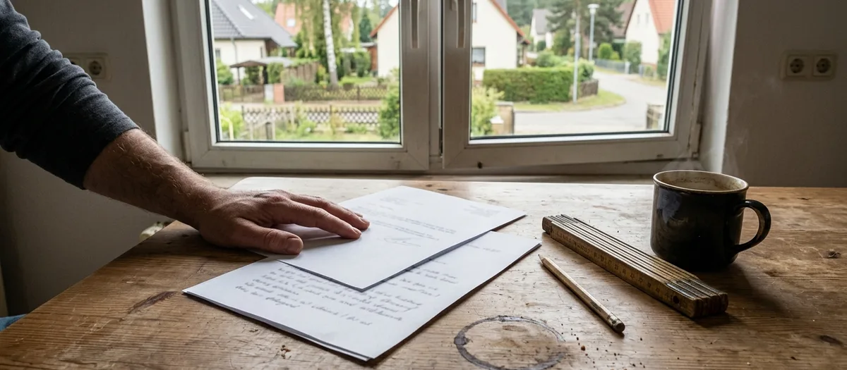Schriftliches Umzugsangebot mit Betrag auf einem Küchentisch, daneben ein Aufmaßzettel
