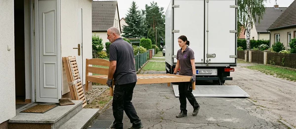 Zwei Umzugskräfte tragen ein zerlegtes Bettgestell aus der Haustür eines Einfamilienhauses zum offenen Lastwagen in der Einfahrt