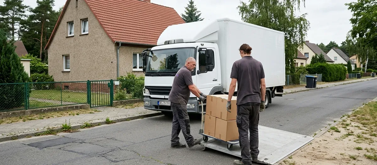 Umzugswagen an einer Wohnstraße in Fredersdorf-Vogelsdorf, Kisten werden über die Ladebordwand geschoben