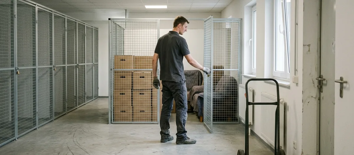 Umzugskraft verschließt in einer hellen Lagerhalle ein Abteil, in dem beschriftete Kisten und abgedeckte Möbel gestapelt stehen
