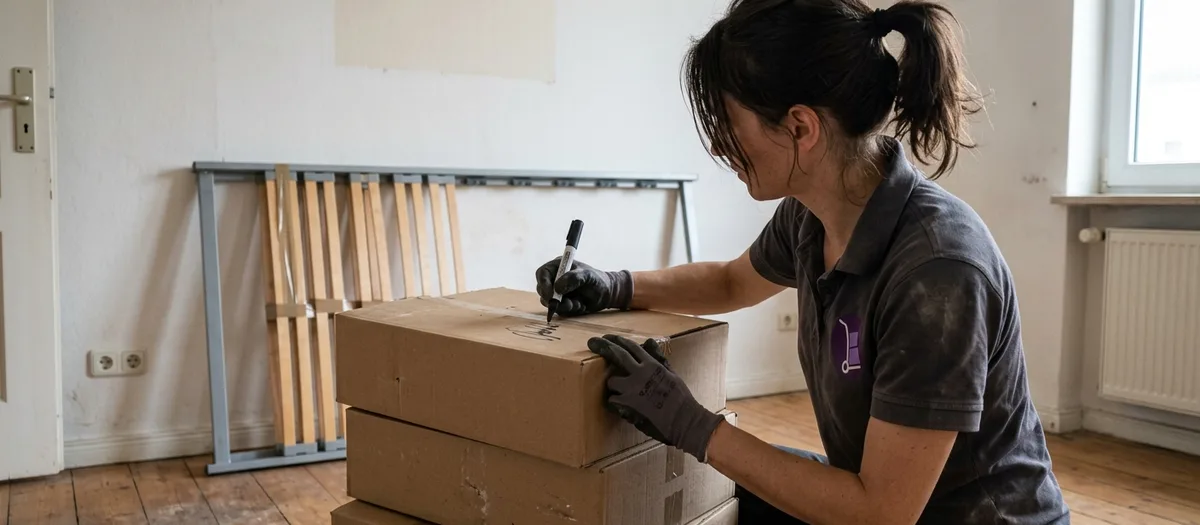 Umzugskraft beschriftet in einem leeren Zimmer gestapelte Kisten, daneben lehnt ein zerlegtes Bettgestell an der Wand