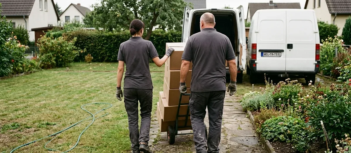 Zwei Umzugskräfte schieben eine Sackkarre mit gestapelten Kisten über einen Gartenweg zu einem geöffneten Kastenwagen