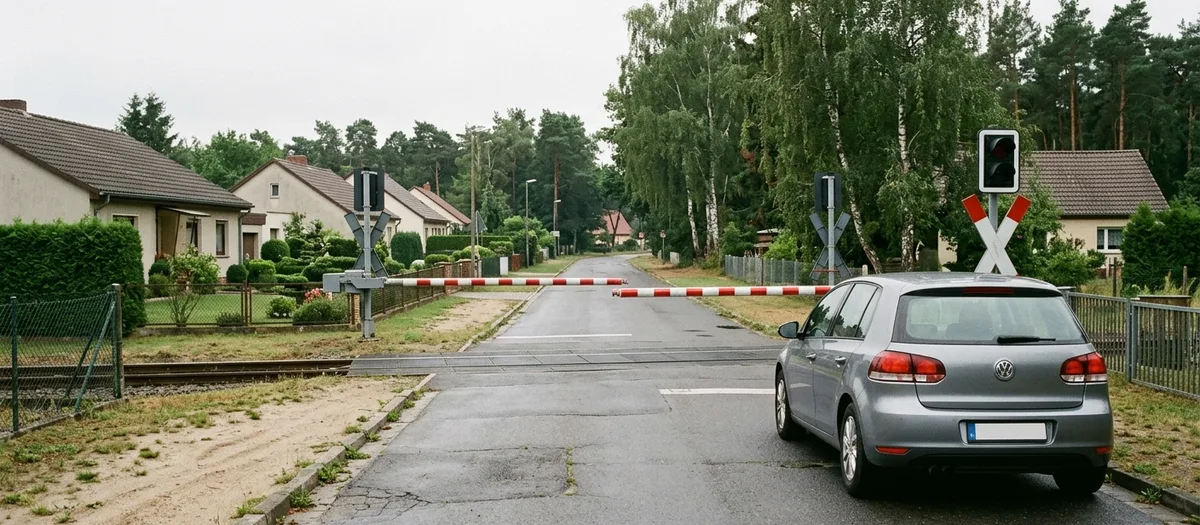 Umzugswagen wartet an einem geschlossenen Bahnübergang mit Halbschranke an einer ruhigen Ortsstraße, dahinter niedrige Wohnhäuser