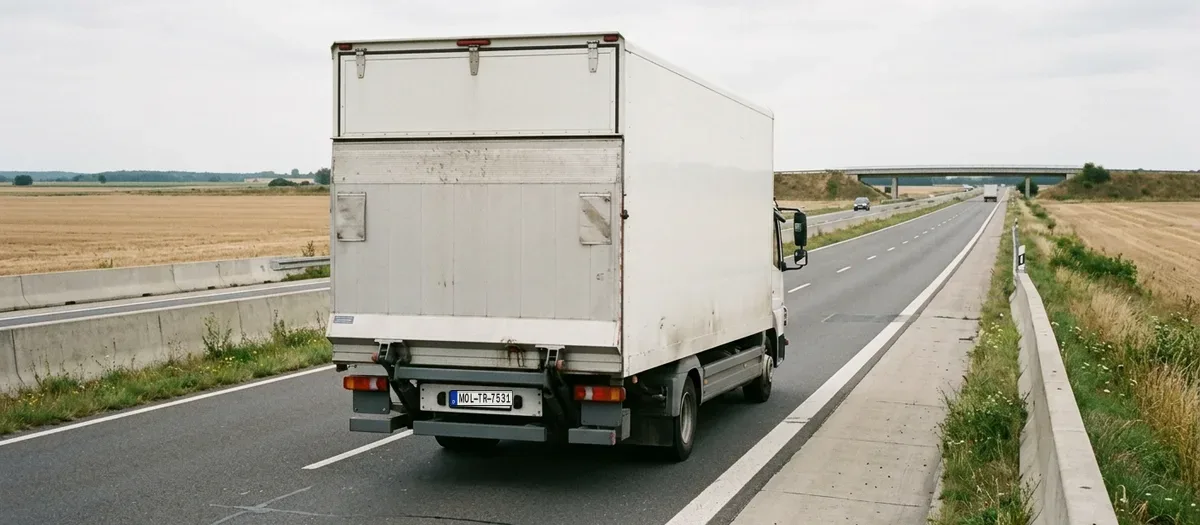 Beladener Umzugslastwagen mit geschlossener Ladeklappe auf einer freien Autobahn, links und rechts Felder unter hohem Himmel
