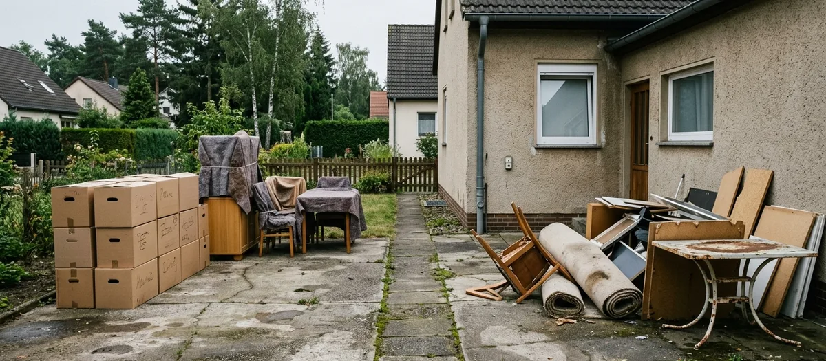 Sortierte Stapel in einem Hof: links beschriftete Kisten zum Mitnehmen, rechts ausgemusterte Möbel für die Räumung