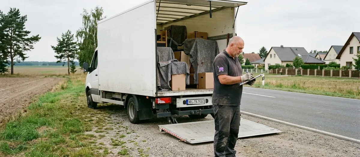 Beladener Umzugslastwagen mit geöffneter Ladebordwand auf einer Landstraße am Ortseingang, davor eine Umzugskraft mit Ladeliste